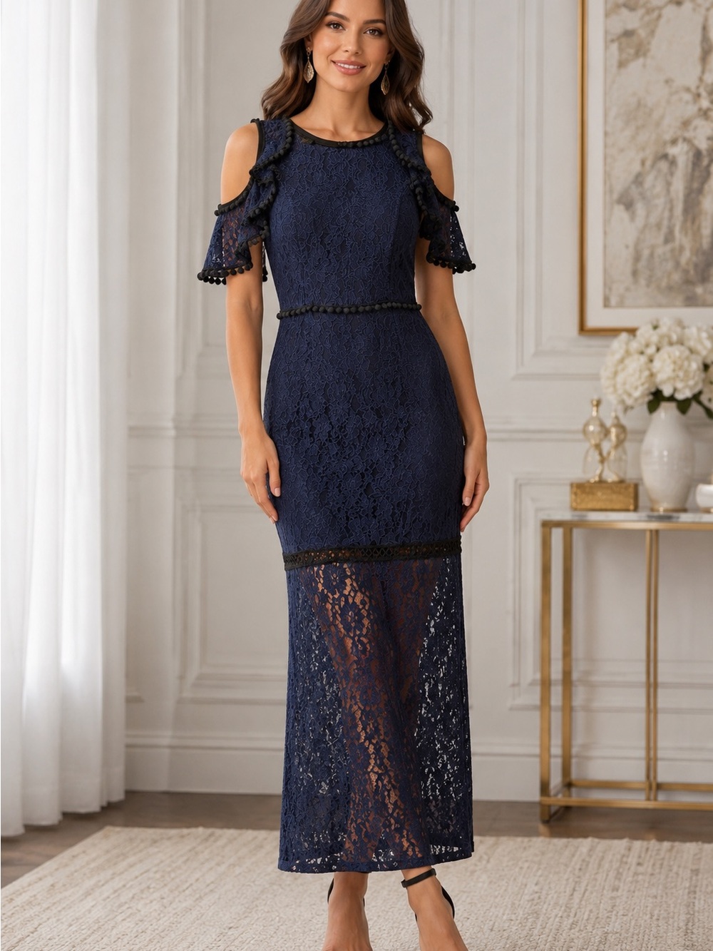 Elegant Navy Lace Cold-Shoulder Maxi Dress